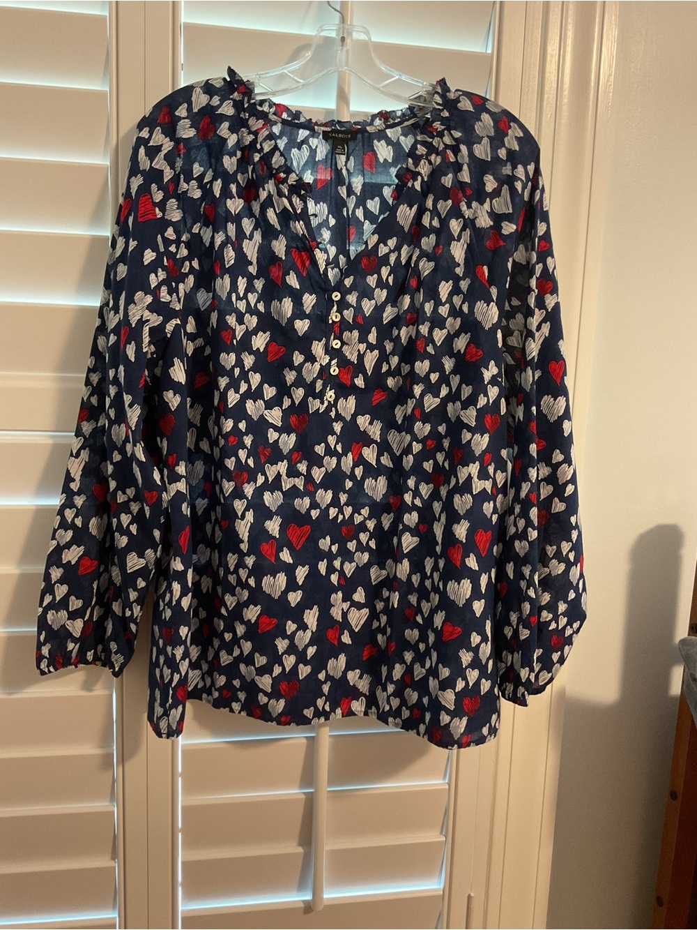 Talbots Navy Heart-Print Peasant Blouse with Red & White Hearts